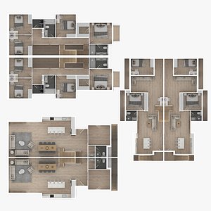 Set of Three 3D Floor Plans of House