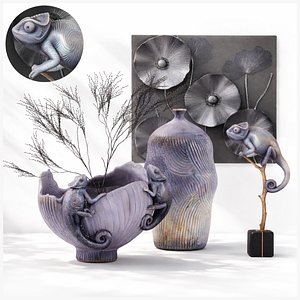 Designer Ceramic Set with Chameleon Sculptures decor 3D model