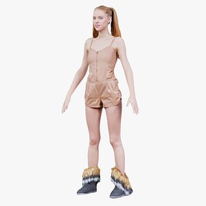 3D Woman in Beige Jumpsuit and Double Ponytails Standard Pose Remastered model