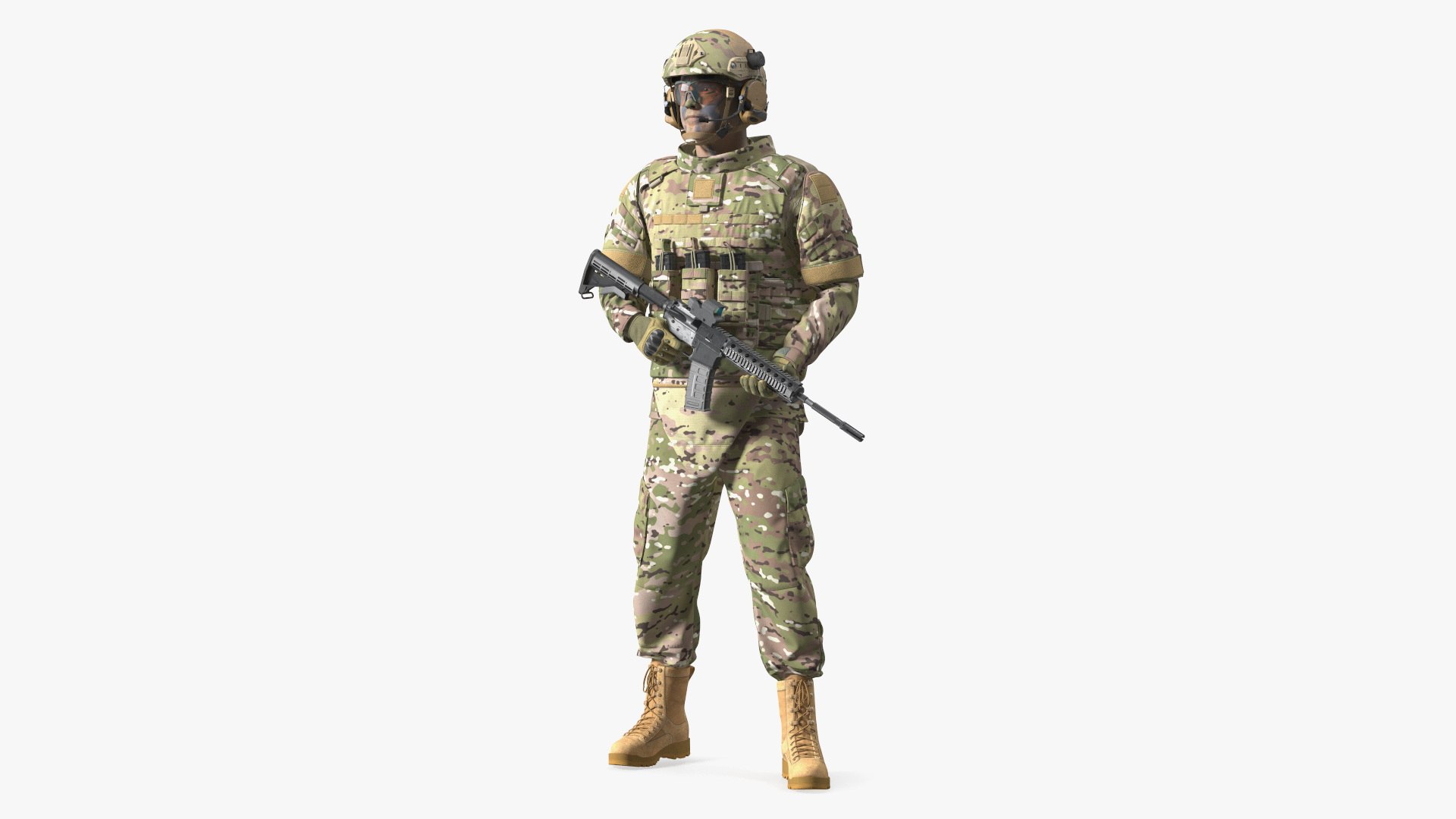 Soldier in Green Tactical Gear with Rifle Standing 3D model preview