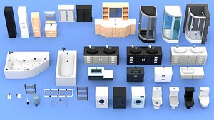 Stylized Bathroom Furniture 3d Model Pack Low Poly Bathtub Shower Sink Toilet Game Ready Fbx Obj Ble