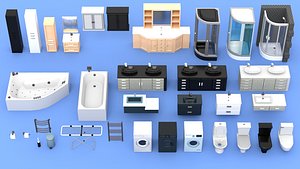 Stylized Bathroom Furniture 3d Model Pack Low Poly Bathtub Shower Sink Toilet Game Ready Fbx Obj Ble