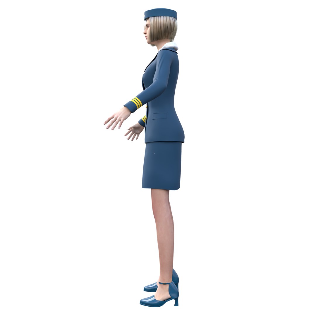 Flight Attendant Female 3D Model Cabin Crew Airline Stewardess Uniform Low Poly PBR model https://p.turbosquid.com/ts-thumb/2a/qzGb05/hN/image2/png/1779979865/1920x1080/fit_q87/7759783158e19d69dd88fc14bb3b92974ee465c5/image2.jpg