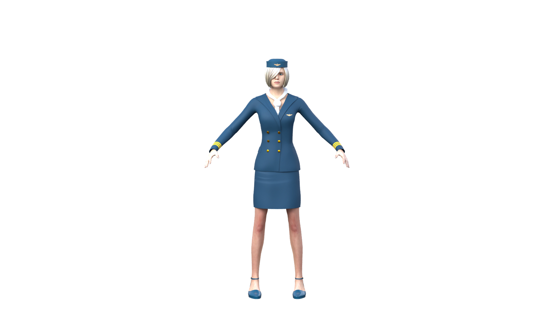 Flight Attendant Female 3D Model Cabin Crew Airline Stewardess Uniform Low Poly PBR model https://p.turbosquid.com/ts-thumb/2a/qzGb05/tX/turntable/png/1779979908/1920x1080/turn_fit_q99/b2554ceee2a0e660d813430958491c2e8859a82c/turntable-1.jpg