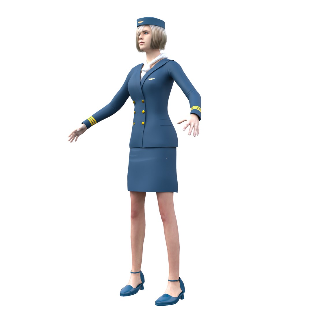 Flight Attendant Female 3D Model Cabin Crew Airline Stewardess Uniform Low Poly PBR model https://p.turbosquid.com/ts-thumb/2a/qzGb05/w3/image1/png/1779979864/1920x1080/fit_q87/43455043dc3baad7c73840df2215c74f334c77cc/image1.jpg