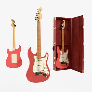 Red Electric Guitar Fender Stratocaster and case 3D model