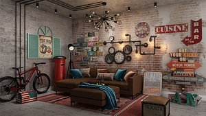 3D Industrial Loft Style Living Room Wall Decor Hanging 3D Model