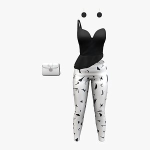 Elegant Black and White Asymmetric Peplum Top Leggings Earrings