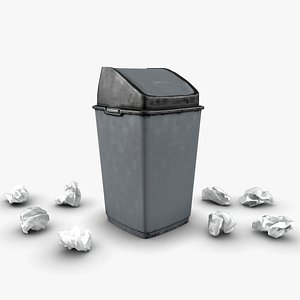 3D trash bin crumpled paper model