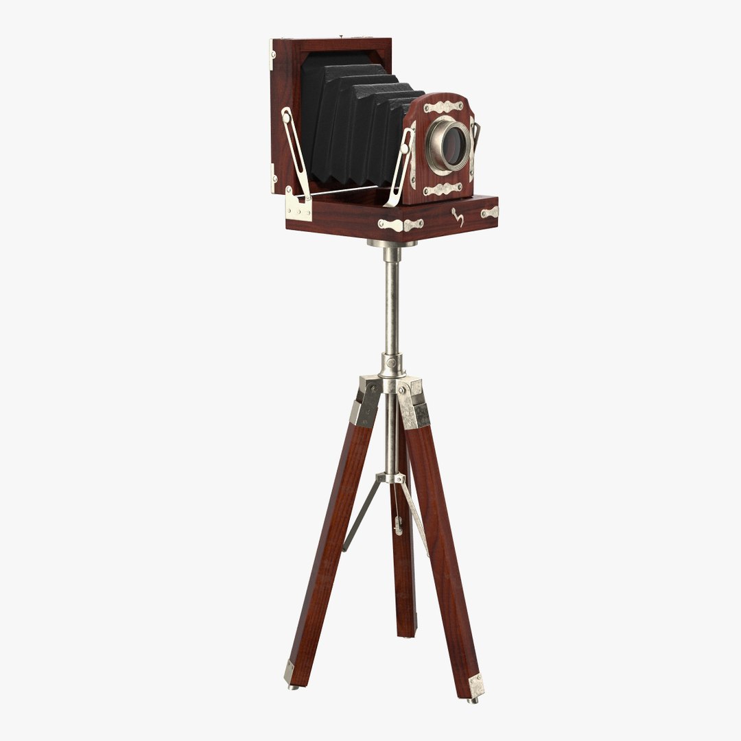 Antique Folding Plate Camera and Tripod 3D Model preview