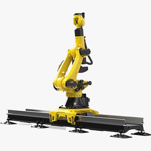 3D Robotic Arm Yellow on Rails Rigged for Maya