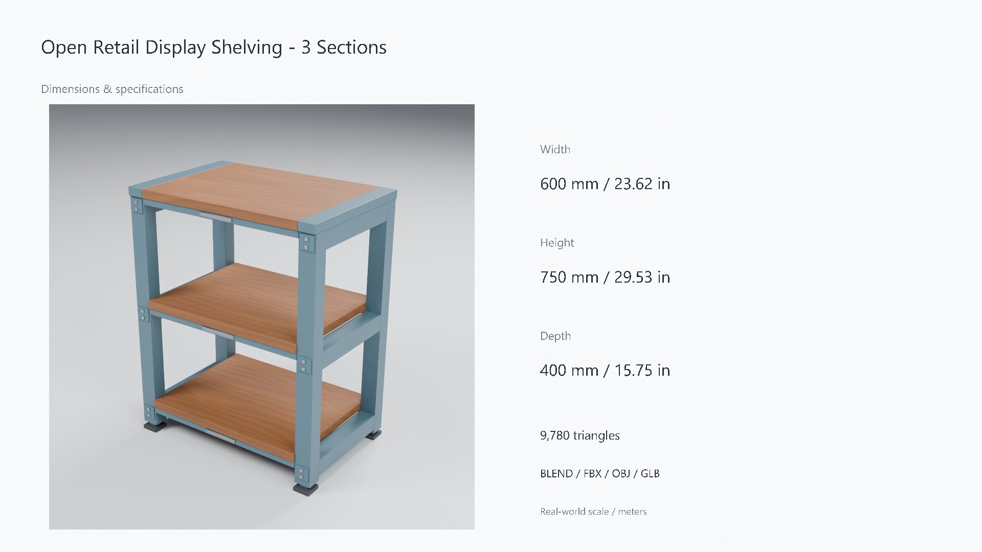 Wood and Steel Retail Display Shelving - 600 x 400 x 750 mm 3D model https://p.turbosquid.com/ts-thumb/2j/h57LMO/if/07_dimensions/jpg/1788947489/1920x1080/fit_q87/22ffe5f48efb5d663d54b8196c349a704f8374ce/07_dimensions.jpg