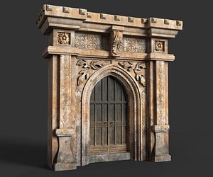 Medieval Wood Door with Stone Arch