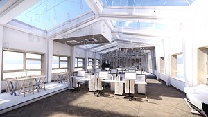 Industrial Office on Attic with Skylights Scene Low Poly