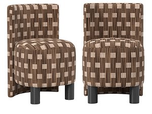 Two Brown Checkered Upholstered Accent Chairs Dark Ribbed Legs