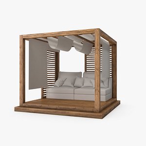 Wood Outdoor Pergola with Sofa and Curtains 3D model