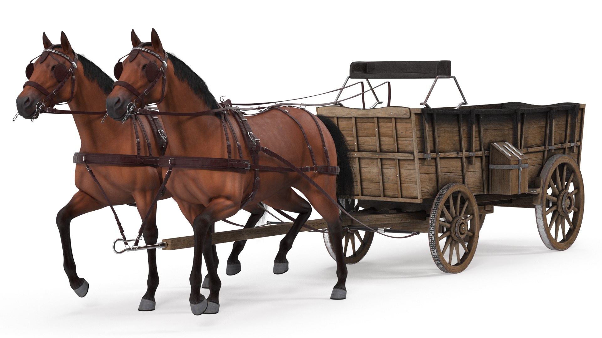 Open Wagon with Horses fur 3D model preview