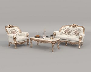 Classic European Style Sofa and Armchair Set 10 3D