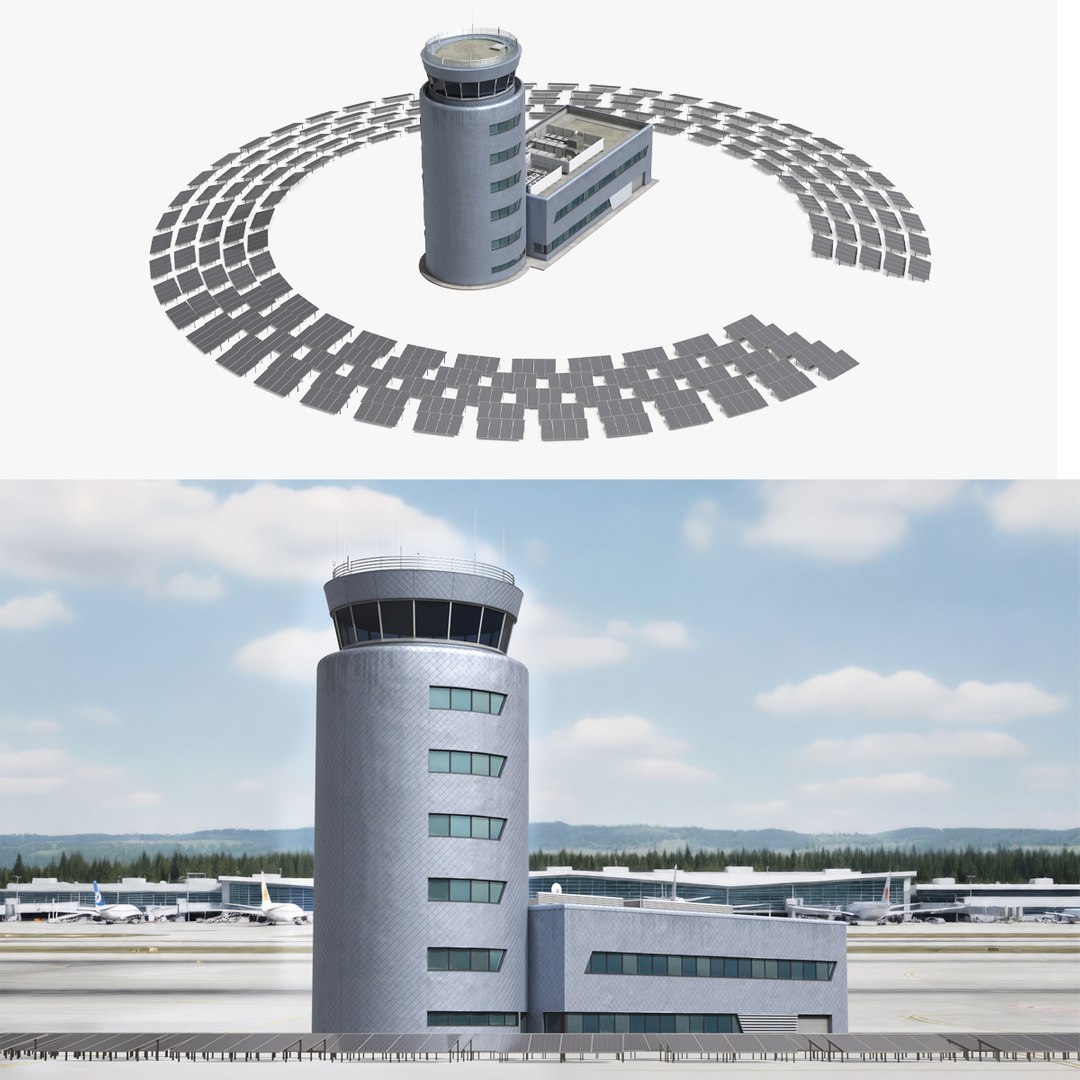 Infrastructure Building with Circular Solar Array 3D model preview