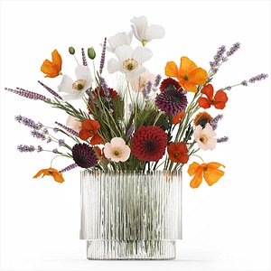 3D model Bouquet Of Wild Flowers In A Vase Lavender Poppy 486