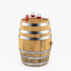 Oak Aging Barrel with Brandy Decanter and Glasses