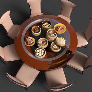 3D Chinese Dim Sum Bamboo Steamer Set Table