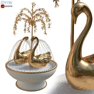 3D Fountain with Gilt Brass Swans and Weeping Willow