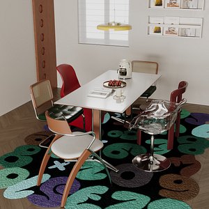 Eclectic Dining Room Interior Scene with Mixed Designer Chairs 3D model