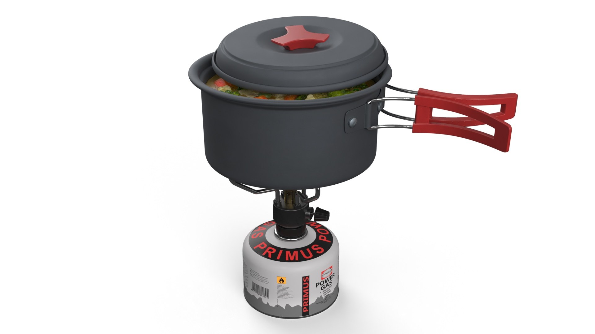 Hiking Soup Pot Red Handle Gas Stove Setup 3D model preview