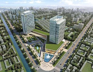 Modern Corporate Campus - Twin Office Towers with Green Podium and Fountain Plaza