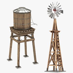 Farm Water Timber Tank and Wind Mill Colleciton model