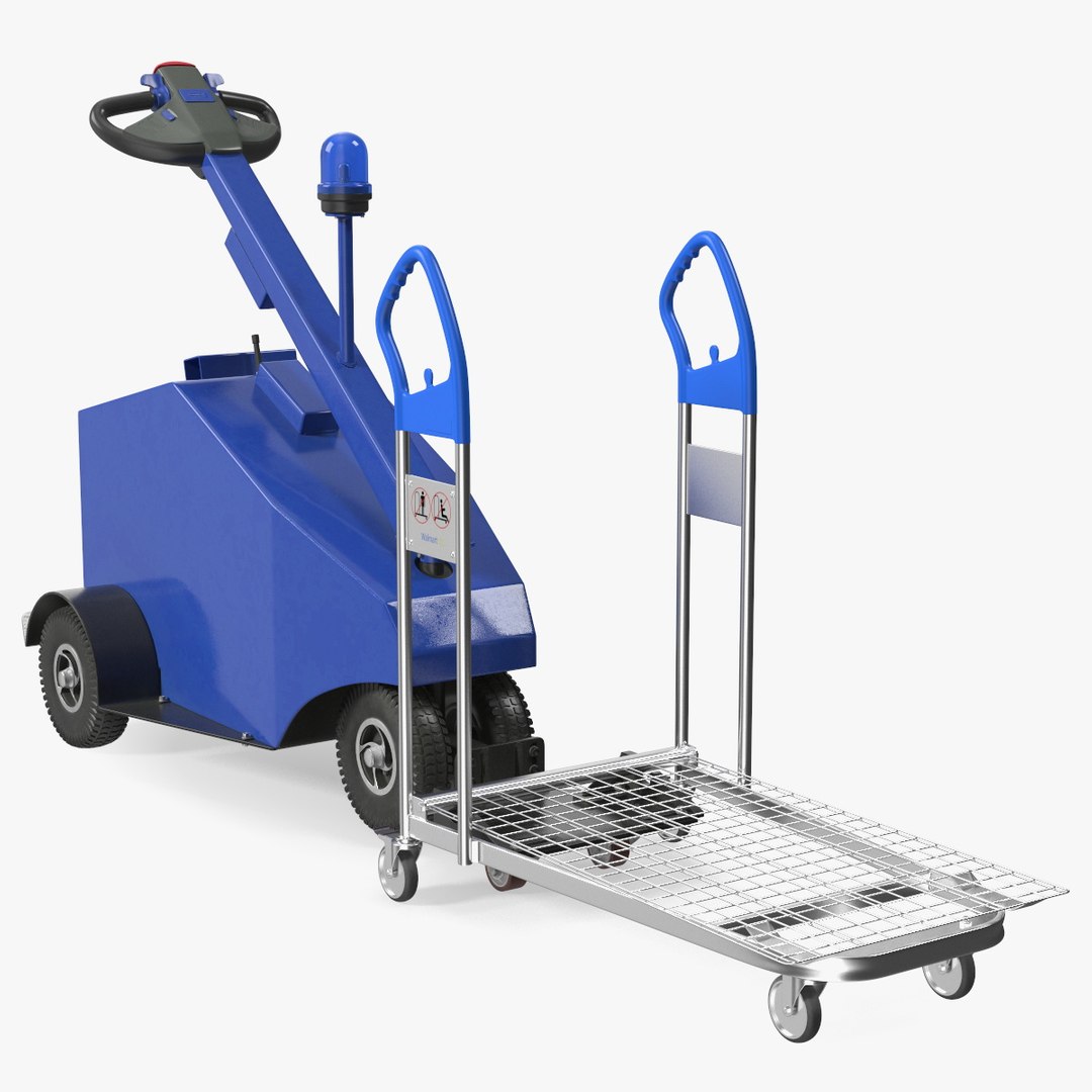 Blue Powered Tug Pusher with Cargo Trolley 3D model preview