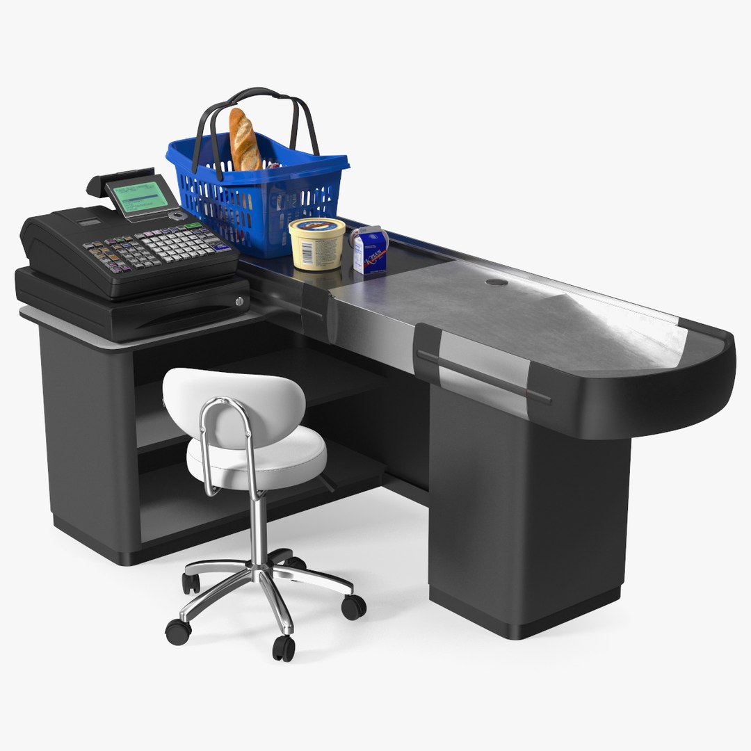 Retail Checkout Counter Grey with Groceries 3D model preview