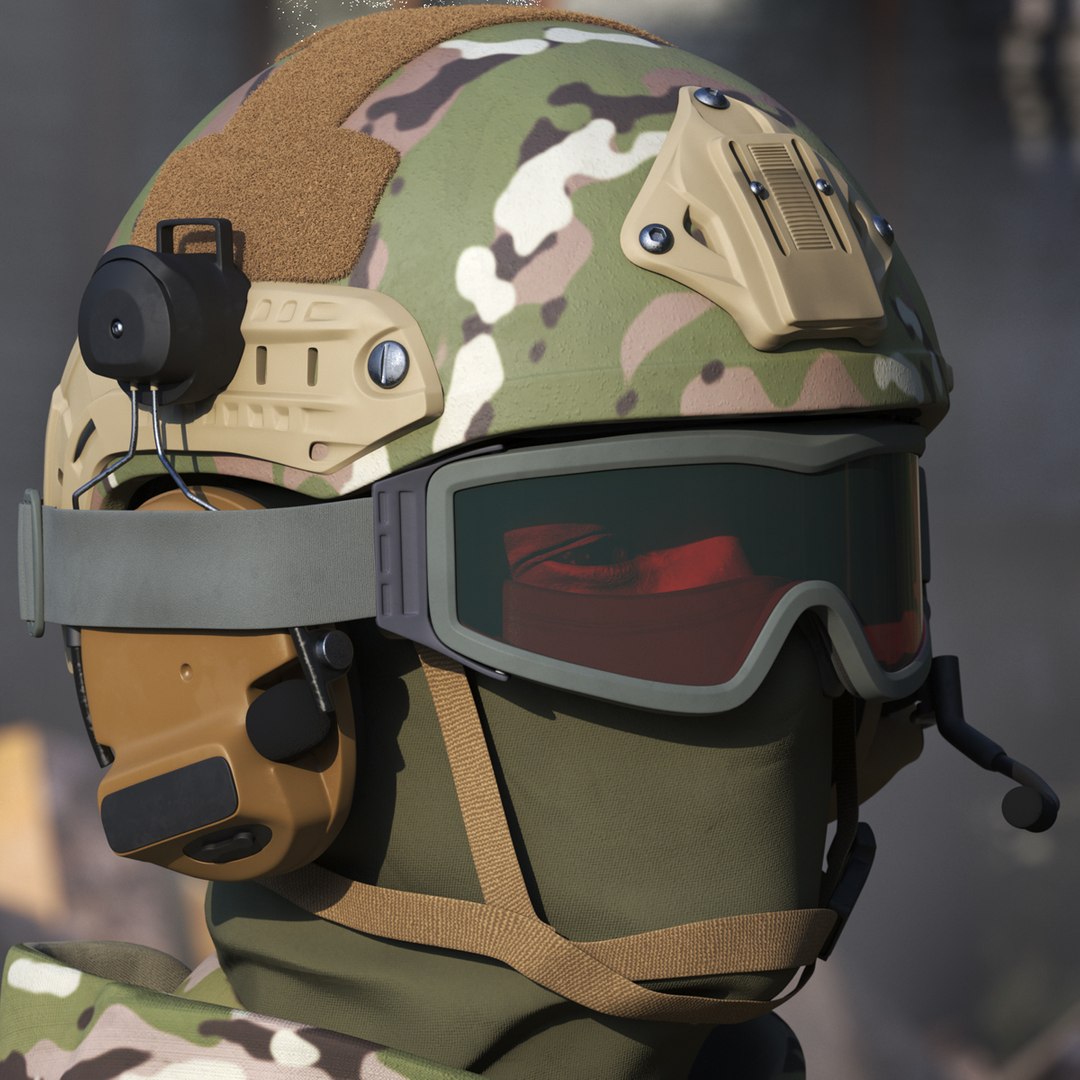 Tactical Gear Helmet Green Camo with Goggles Fur for Maya 3D model preview
