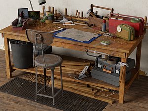 3D model Cluttered Carpenter Workshop Bench with Tools and Props