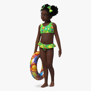 Black Child Girl Holding Swim Ring 3D