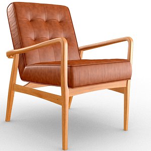 Mid-Century Button-and-Stud Brown Leather Armchair 3D model