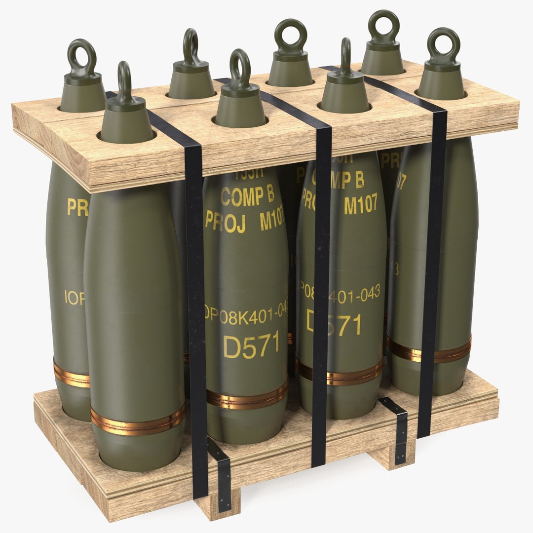 Military Artillery Shells 155mm in Transport Pallet 3D model preview