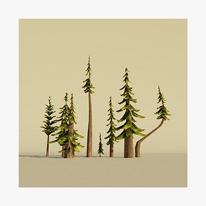 Pine tree set Cartoon Stylized Hand painted  low-poly
