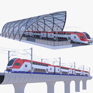 3D Bridge and station with train USA model