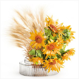 3D Beautiful bouquet yellow wild flowers wheat ears sunflower 607 model