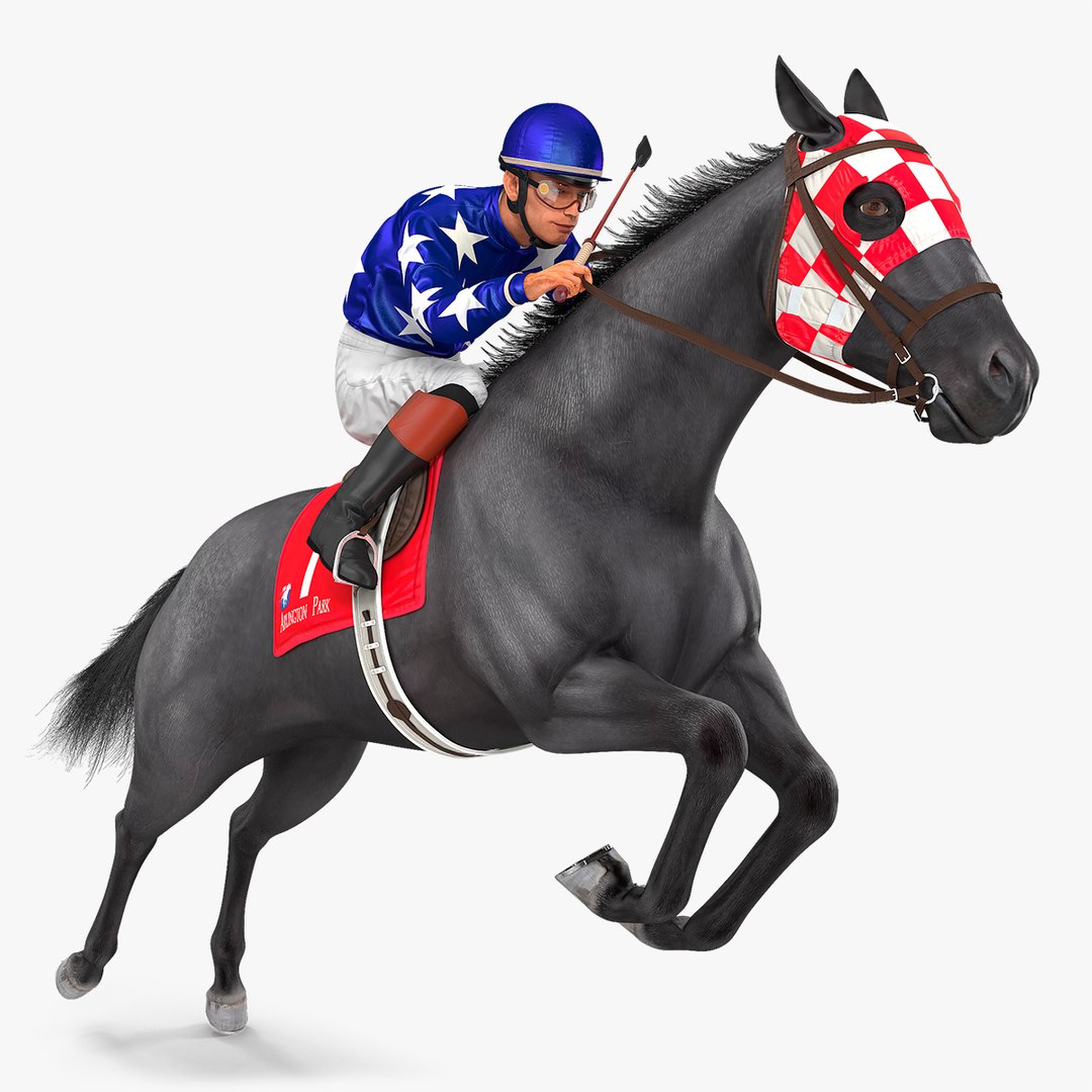 Jumping Black Racing Horse with Jokey Fur 3D model preview