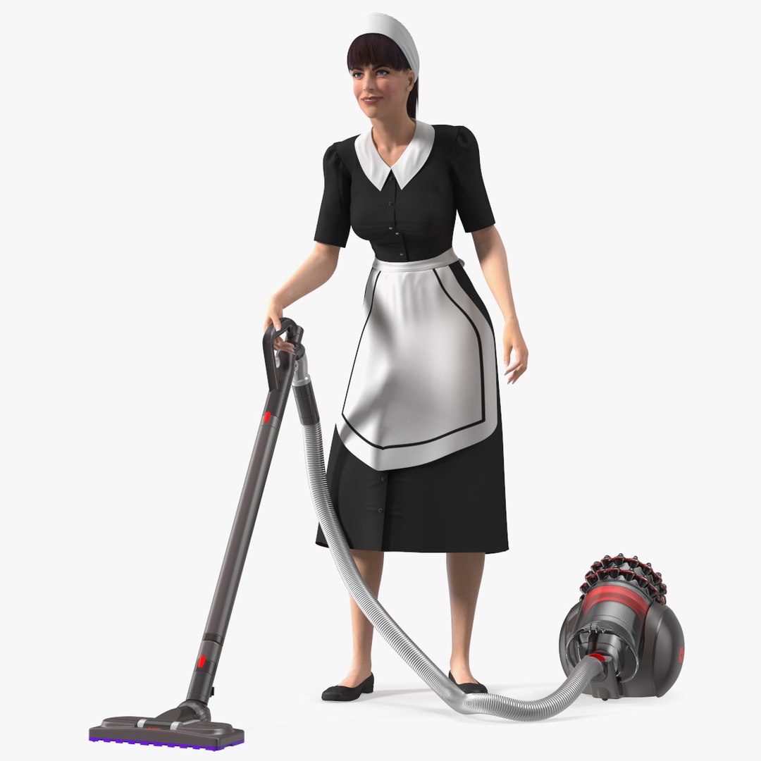 Housekeeping Maid with Dyson Big Ball Vacuum Cleaner Rigged 3D model preview