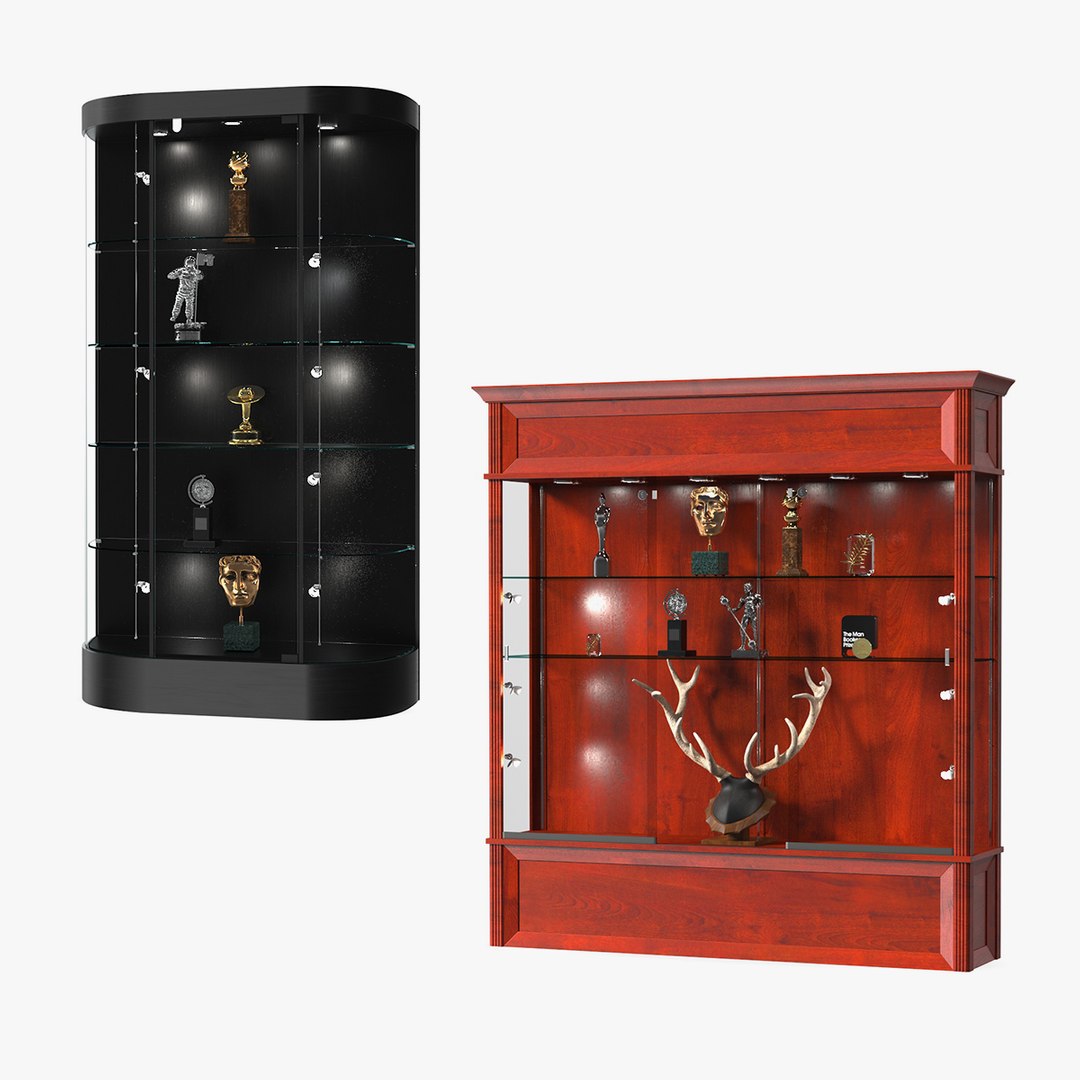 Curved Wall Display Cases with Trophies Collection 3D model preview
