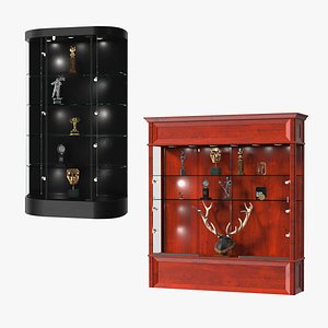 Curved Wall Display Cases with Trophies Collection 3D