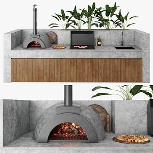 Outdoor Kitchen With Barbecue And Pizza Oven 3D model