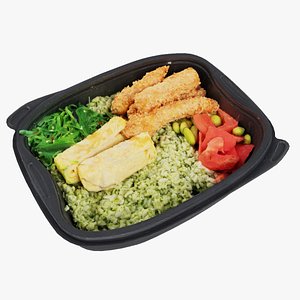 Poke bowl lunch box with salmon chips rice tomatoes seaweed algae