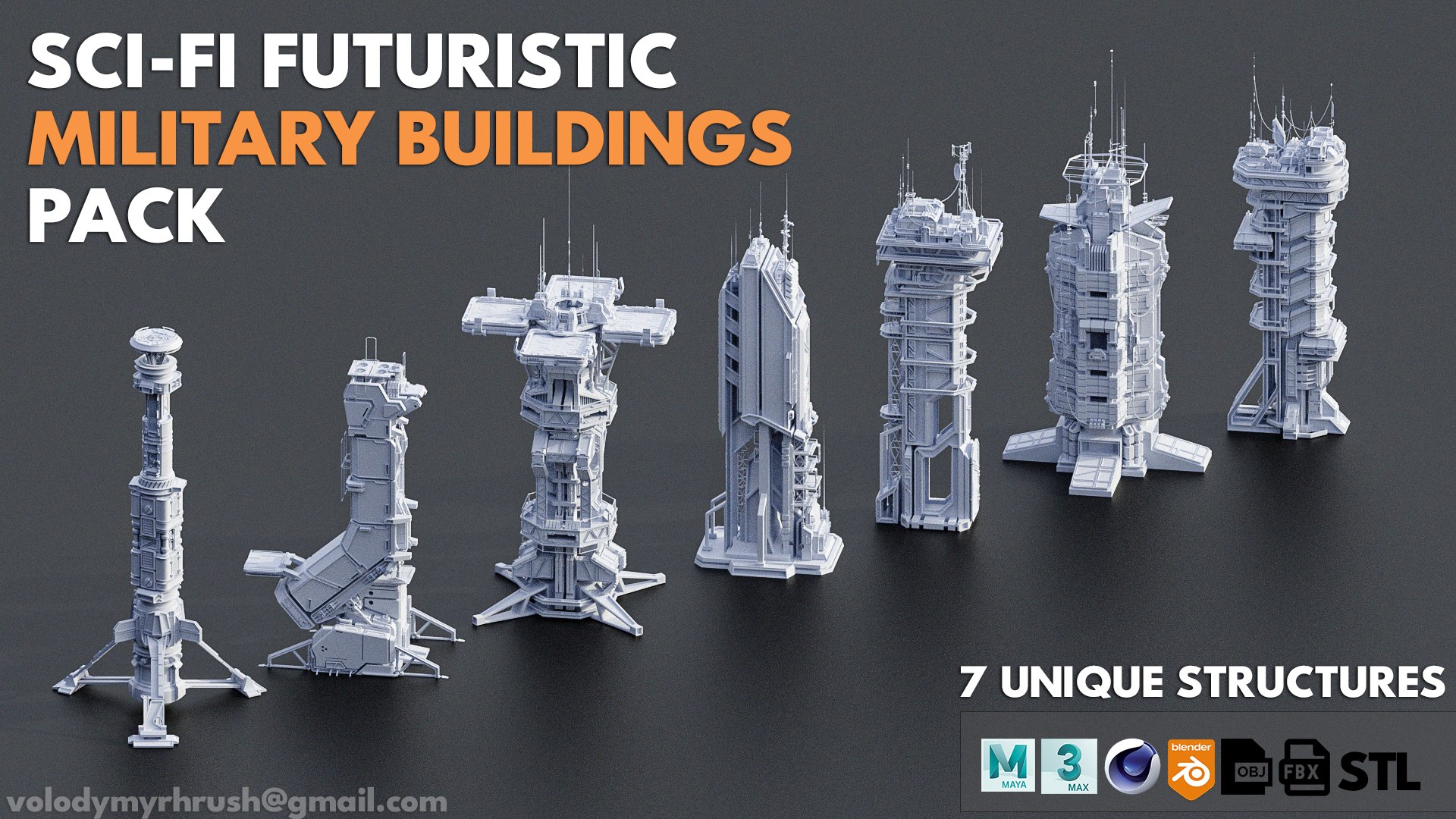 3D Collection - 115 Sci-Fi Kitbash Parts 7 Unique Sci-Fi Buildings Pack ...