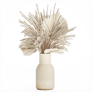 3D Bouquet Dried Flowers White Pampas Branches Palm 552