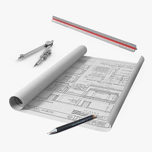 Blueprints with Drawing Instruments Collection model